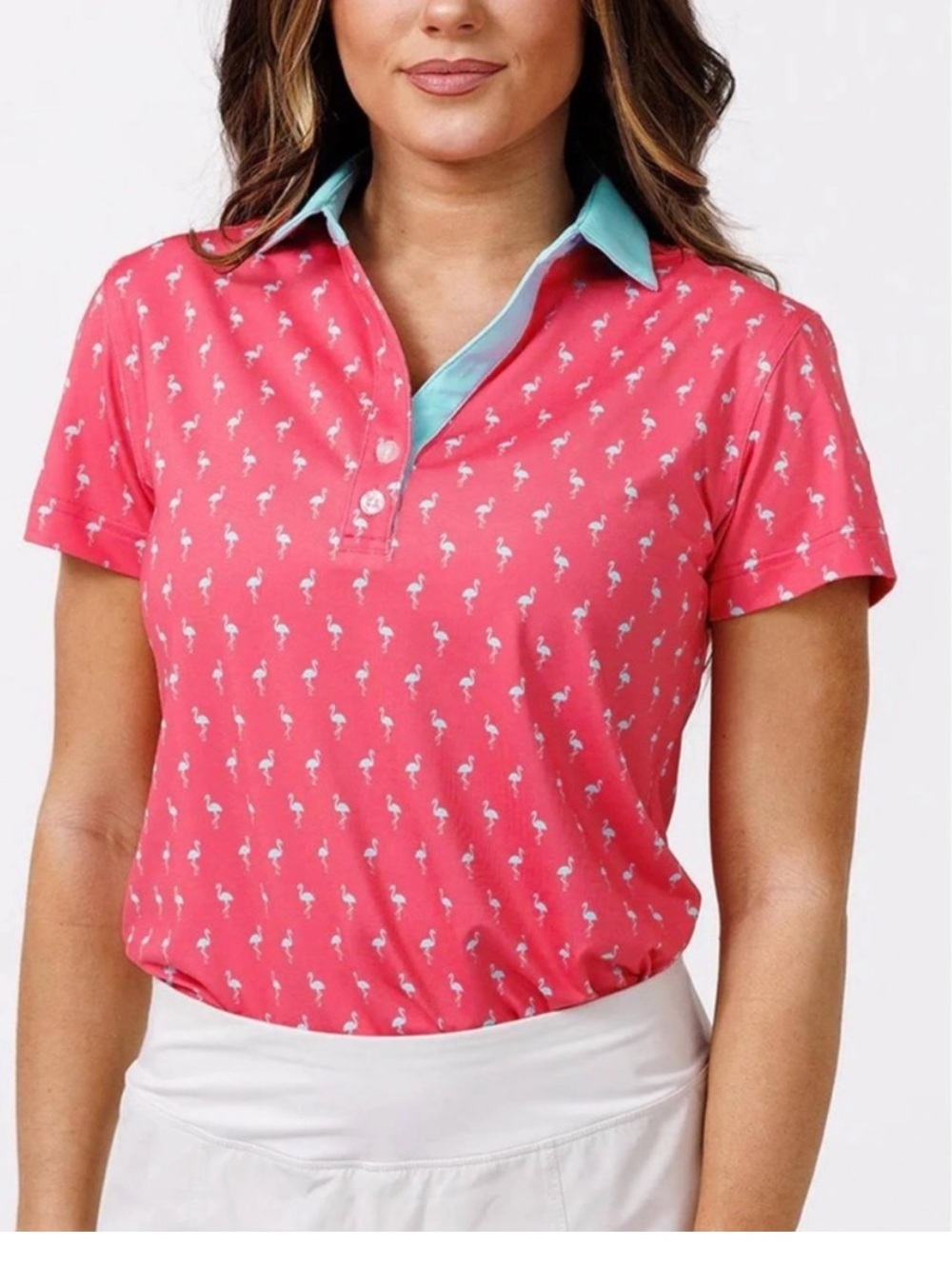 Waggle Golf Pink Flamingo Print Many Mingos Polo Shirt Women’s Medium